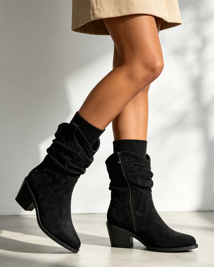 Botine de dama, din piele ecologică întoarsă, cu toc gros, BD1023,Negre