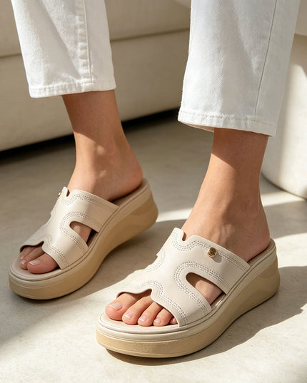 Papuci Casual De Dama cu platforma, din Piele Ecologica, PD1110 - Bej
