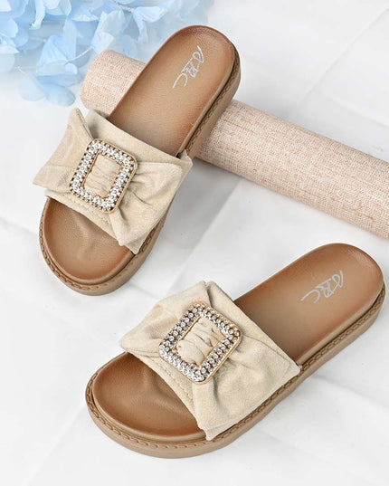 Papuci Casual De Dama din piele intoarsa ecologica, PD1091 - Bej
