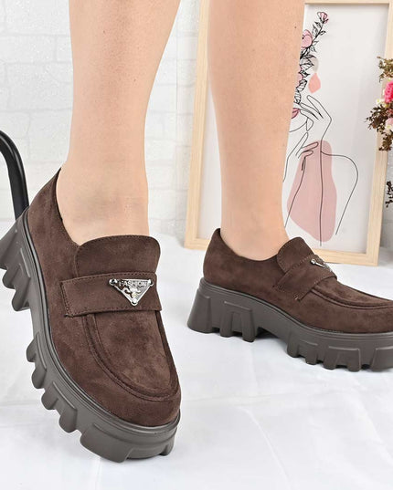 Pantofi casual de dama cu platforma, din piele ecologica intoarsa, P1303 - Maro