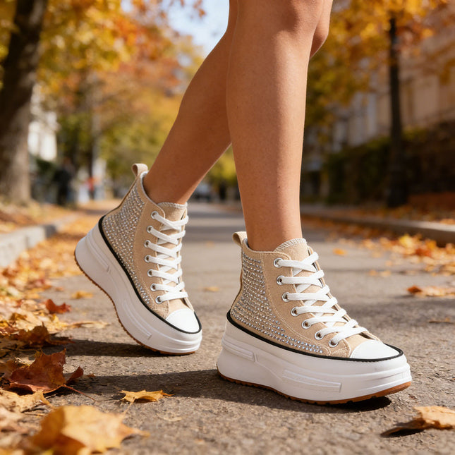 Tenisi inalti cu pietricele pe talpa flatform,1251,Bej