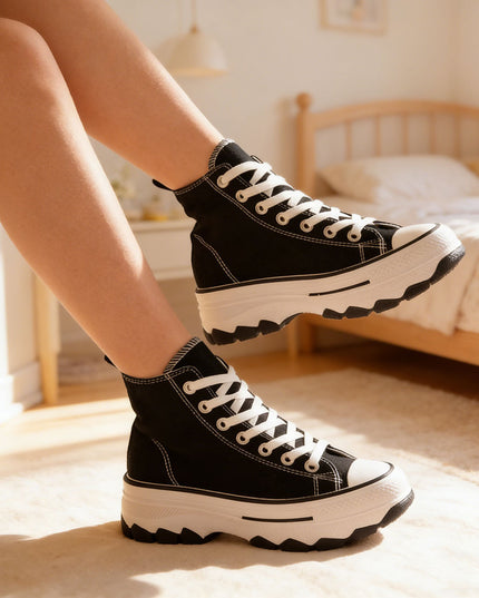 Tenisi inalti de dama, cu talpa flatform ,TD1272,Negru