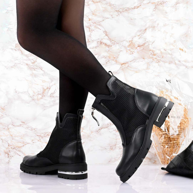 Дамски боти, от екологична кожа, мрежа, олекотено ходило, GD1006, черни