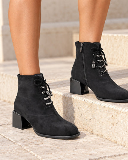 Botine de dama, din piele ecologica întoarsa, cu toc gros, BD1024, Negru