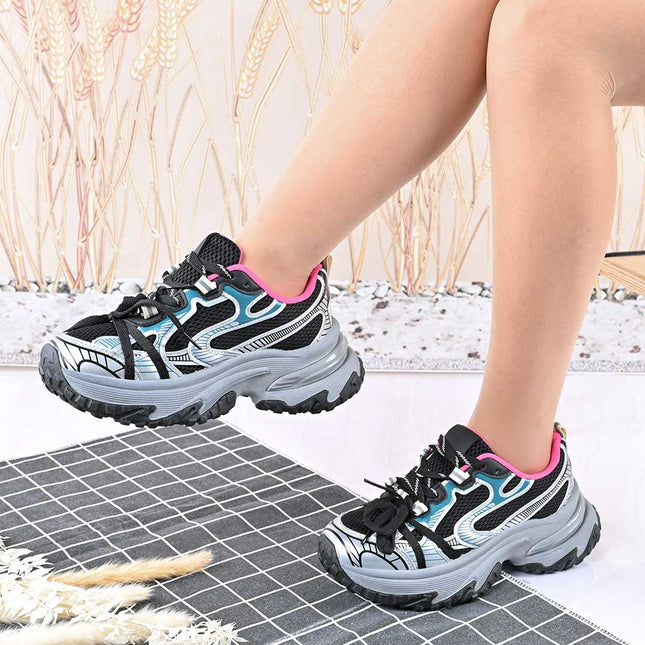 Pantofi sport de dama,Cu insertii de plasa,D1428,Gri cu Roz