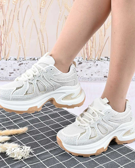 Pantofi Sport De Dama,Cu Insertii De Plasa si Strasuri,D1415,Bej