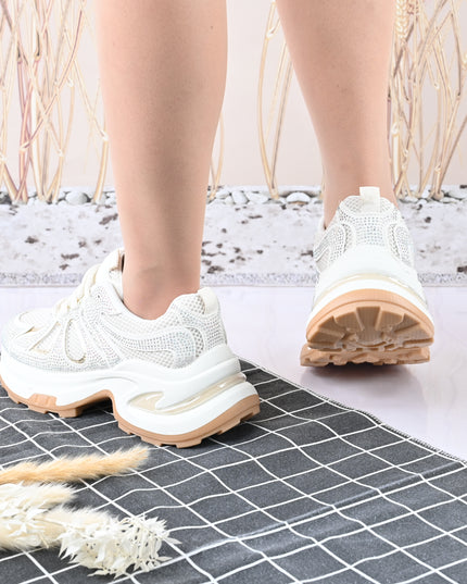 Pantofi Sport De Dama,Cu Insertii De Plasa si Strasuri,D1415,Bej