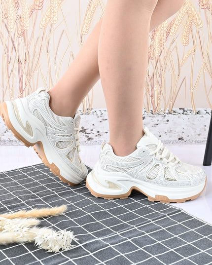 Pantofi Sport De Dama,Cu Insertii De Plasa si Strasuri,D1415,Bej