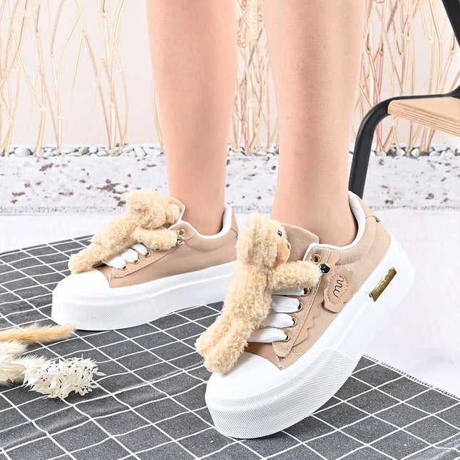 Pantofi sport de dama,acesoriu ursulet detasabil,D1425,Kaki