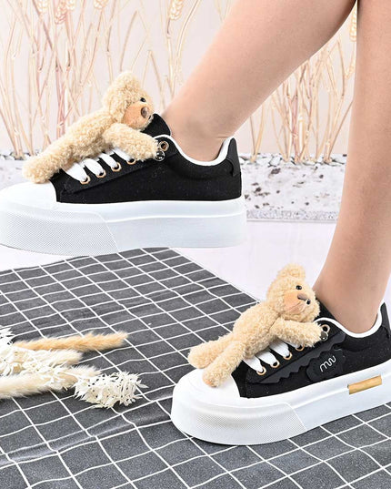 Pantofi sport de dama,acesoriu ursulet detasabil,D1425,Negru