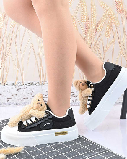 Pantofi sport de dama,acesoriu ursulet detasabil,D1425,Negru