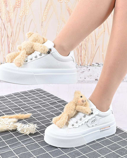 Pantofi sport de dama,acesoriu ursulet detasabil,D1425,Alb