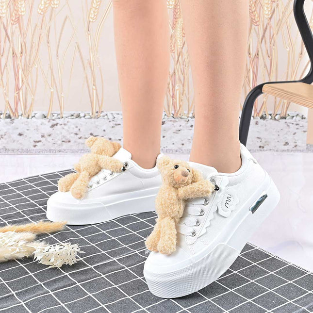 Pantofi sport de dama,acesoriu ursulet detasabil,D1425,Alb