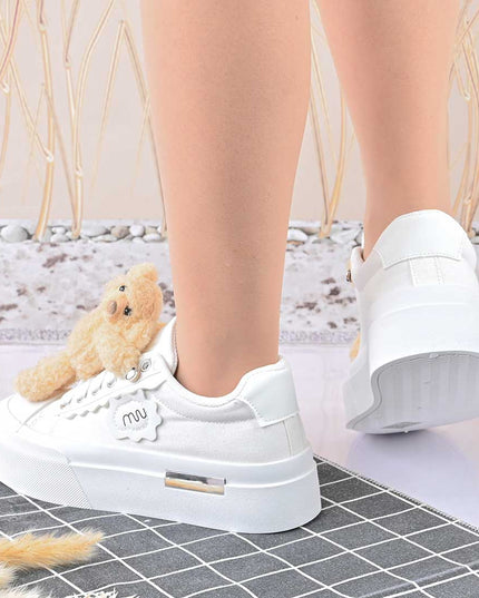 Pantofi sport de dama,acesoriu ursulet detasabil,D1425,Alb