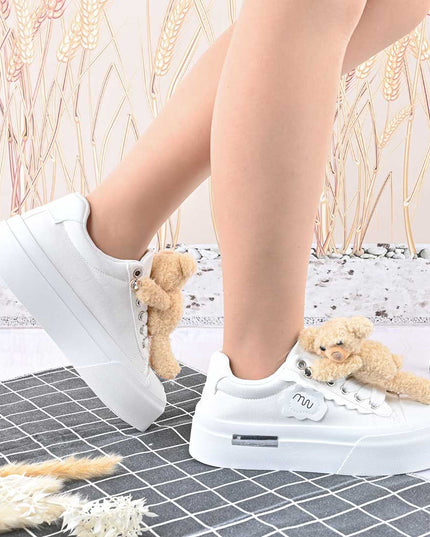 Pantofi sport de dama,acesoriu ursulet detasabil,D1425,Alb