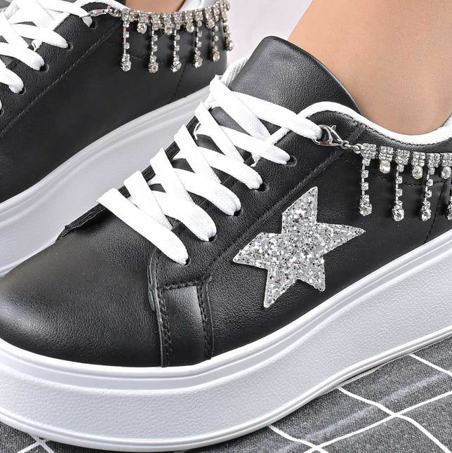 Pantofi Sport De Dama,Din piele Ecologica,Cu lant decorativ,D1357,Negru