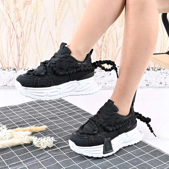 Pantofi Sport De Dama,Cu Insertii De Plasa,D1416,Negru