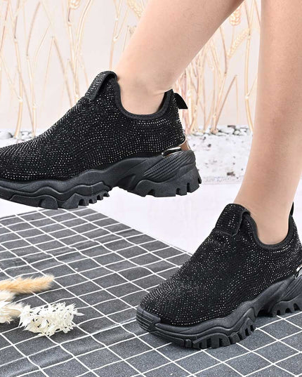 Pantofi Sport De Dama,Cu Material textil si Strasuri,D1441,Negru