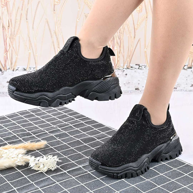 Pantofi Sport De Dama,Cu Material textil si Strasuri,D1441,Negru
