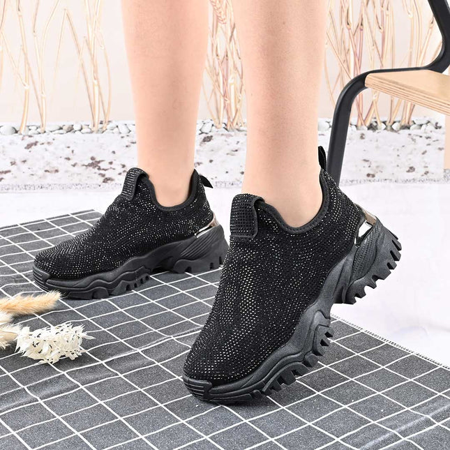 Pantofi Sport De Dama,Cu Material textil si Strasuri,D1441,Negru