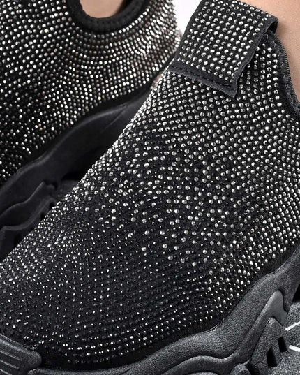 Pantofi Sport De Dama,Cu Material textil si Strasuri,D1441,Negru cu Argintiu