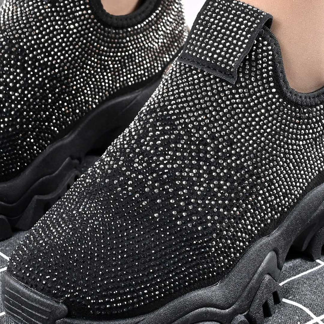 Pantofi Sport De Dama,Cu Material textil si Strasuri,D1441,Negru cu Argintiu