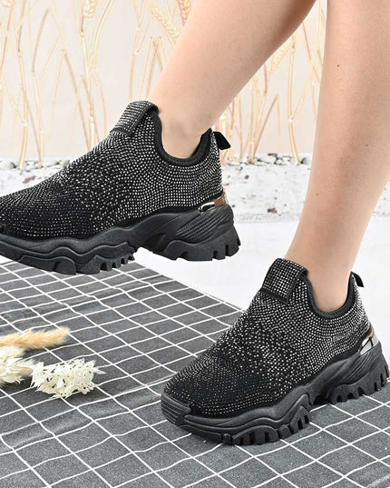 Pantofi Sport De Dama,Cu Material textil si Strasuri,D1441,Negru cu Argintiu