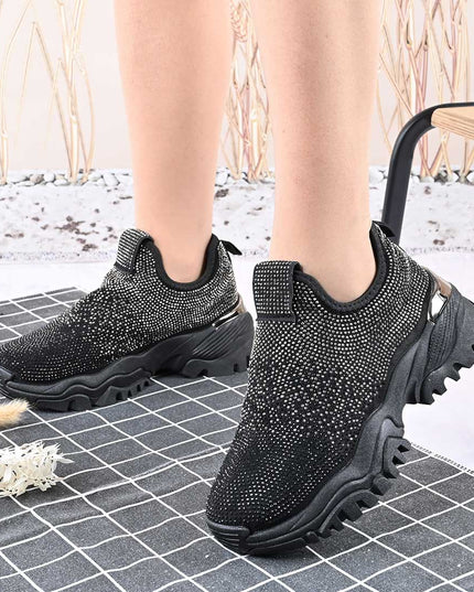 Pantofi Sport De Dama,Cu Material textil si Strasuri,D1441,Negru cu Argintiu
