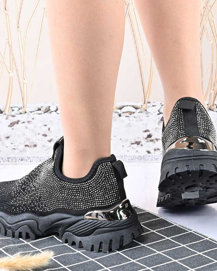Pantofi Sport De Dama,Cu Material textil si Strasuri,D1441,Negru cu Argintiu