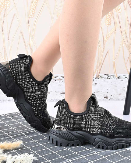 Pantofi Sport De Dama,Cu Material textil si Strasuri,D1441,Negru cu Argintiu