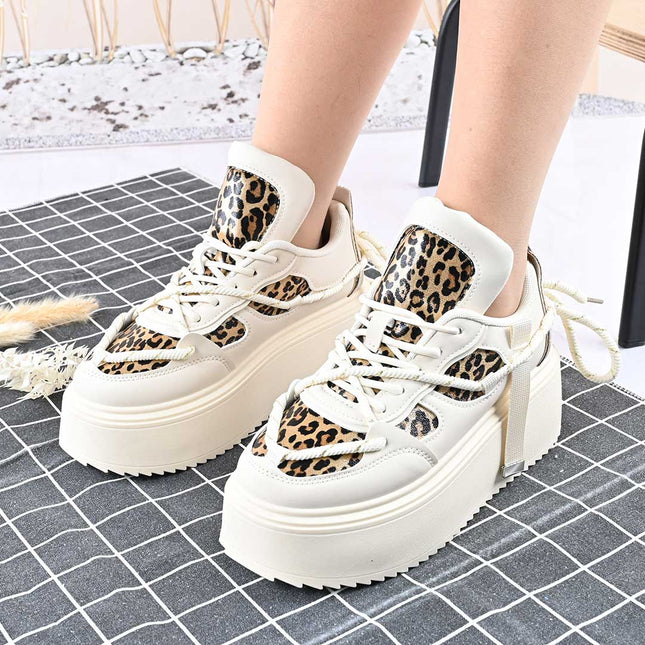 Pantofi Sport De Dama,Cu Platforma,Din piele ecologica,D1413,Bej cu Leopard