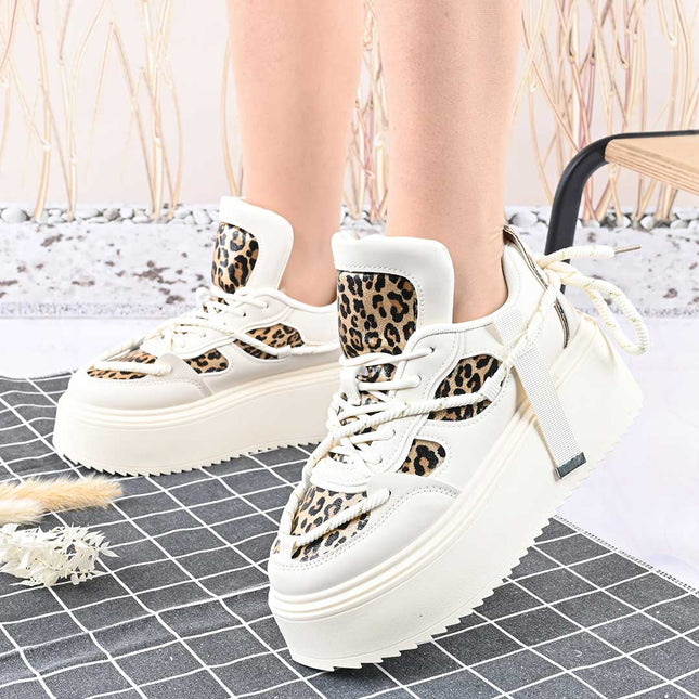 Pantofi Sport De Dama,Cu Platforma,Din piele ecologica,D1413,Bej cu Leopard