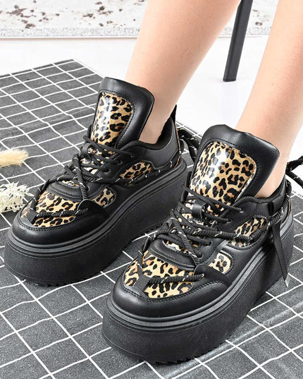 Pantofi Sport De Dama,Cu Platforma,Din piele ecologica,D1413,Negru cu Leopard