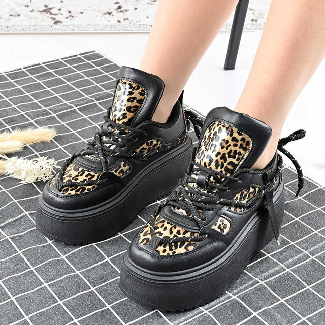 Pantofi Sport De Dama,Cu Platforma,Din piele ecologica,D1413,Negru cu Leopard