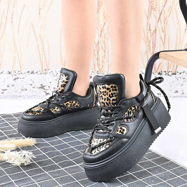 Pantofi Sport De Dama,Cu Platforma,Din piele ecologica,D1413,Negru cu Leopard