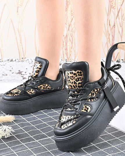 Pantofi Sport De Dama,Cu Platforma,Din piele ecologica,D1413,Negru cu Leopard