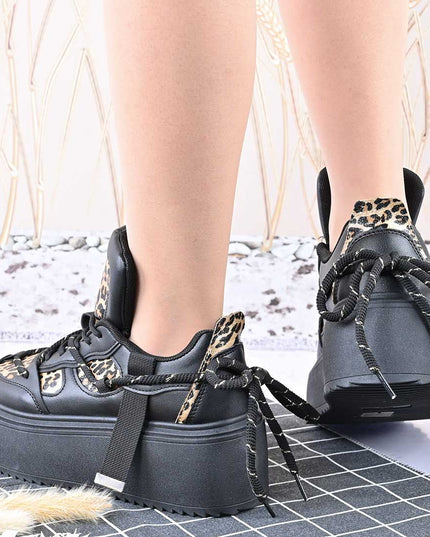 Pantofi Sport De Dama,Cu Platforma,Din piele ecologica,D1413,Negru cu Leopard