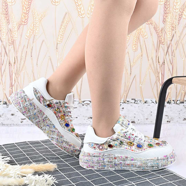 Pantofi Sport De Dama,Cu strasuri stralucitoare,D1418,Alb