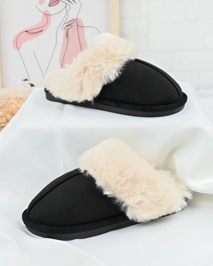 Papuci de Dama,Din Piele Ecologica Intoarsa, Imblaniti,PD1070,Negru