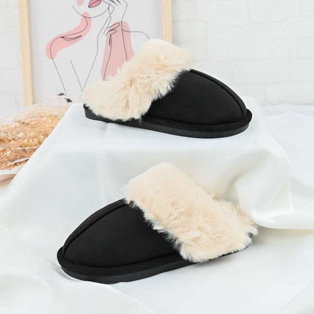 Papuci de Dama,Din Piele Ecologica Intoarsa, Imblaniti,PD1070,Negru