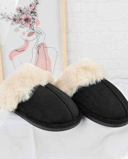 Papuci de Dama,Din Piele Ecologica Intoarsa, Imblaniti,PD1070,Negru