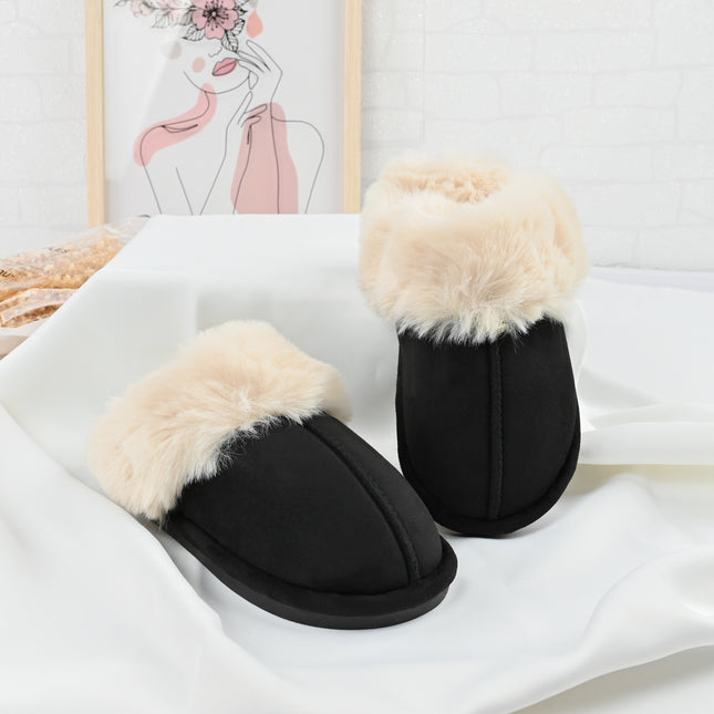 Papuci de Dama,Din Piele Ecologica Intoarsa, Imblaniti,PD1070,Negru