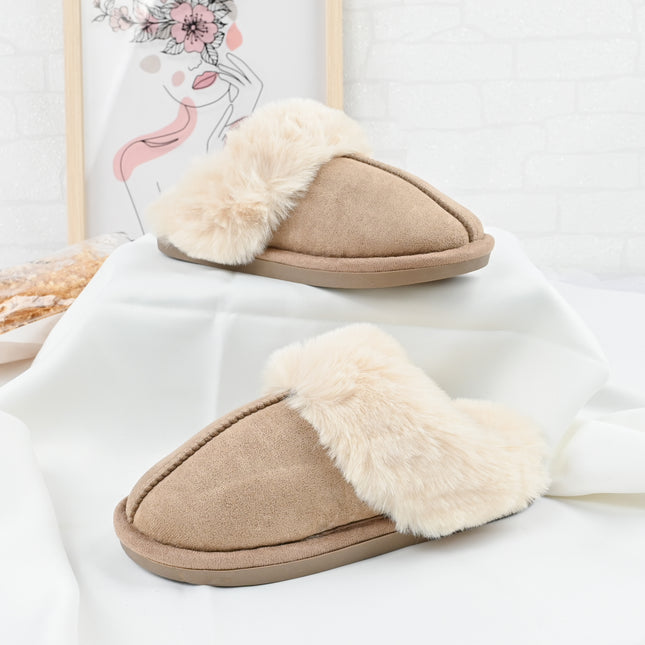 Papuci de Dama,Din Piele Ecologica Intoarsa, Imblaniti,PD1070,Kaki