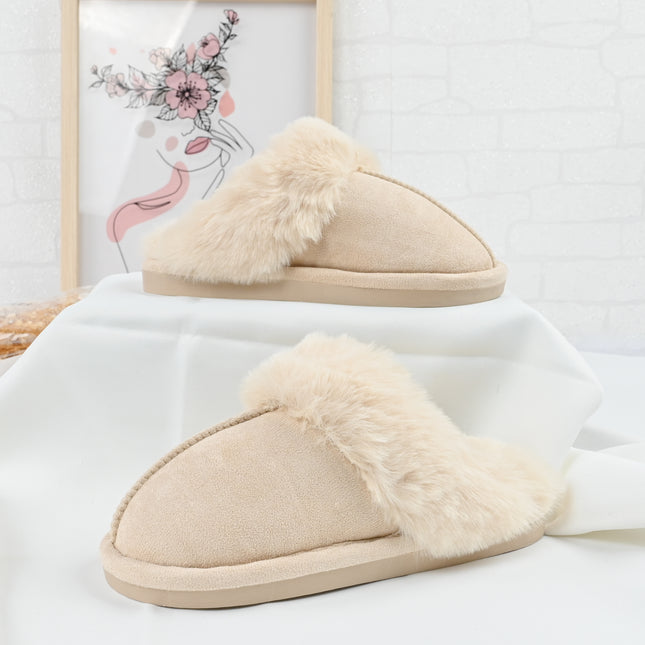 Papuci de Dama,Din Piele Ecologica Intoarsa, Imblaniti,PD1070,Bej