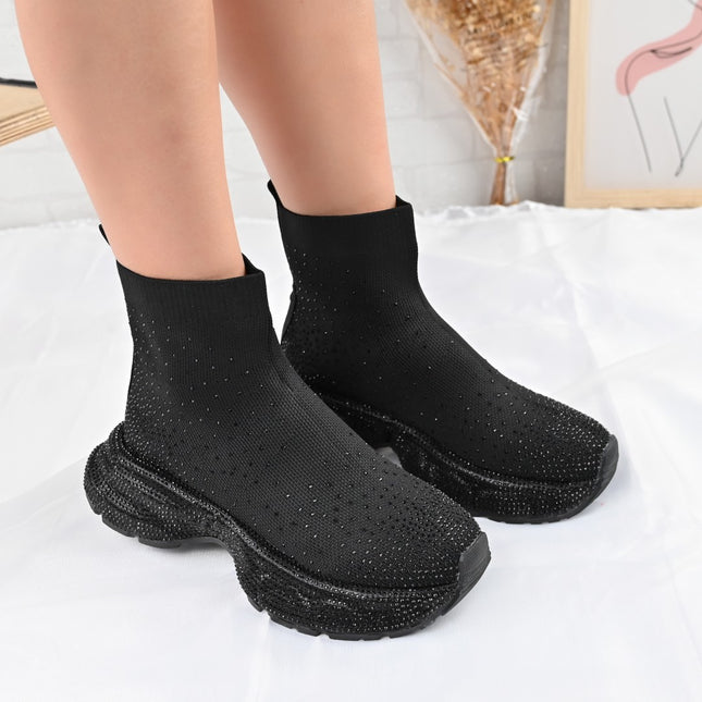 Pantofi Sport Inalti De Dama,Cu model sosete,D1384,Negru