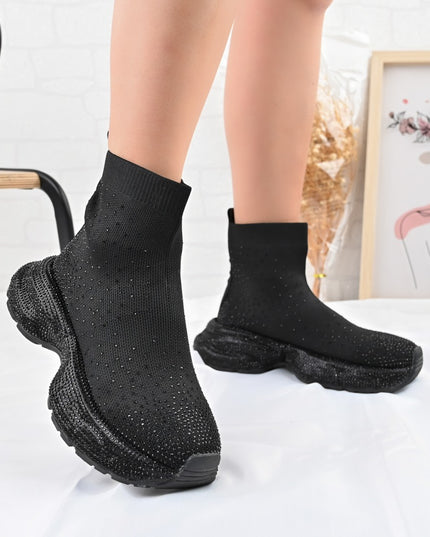 Pantofi Sport Inalti De Dama,Cu model sosete,D1384,Negru