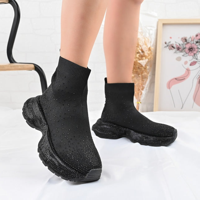 Pantofi Sport Inalti De Dama,Cu model sosete,D1384,Negru