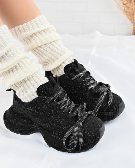 Дамски спортни обувки, изработени от еко-велур кожа, с кристали, D1397, черни