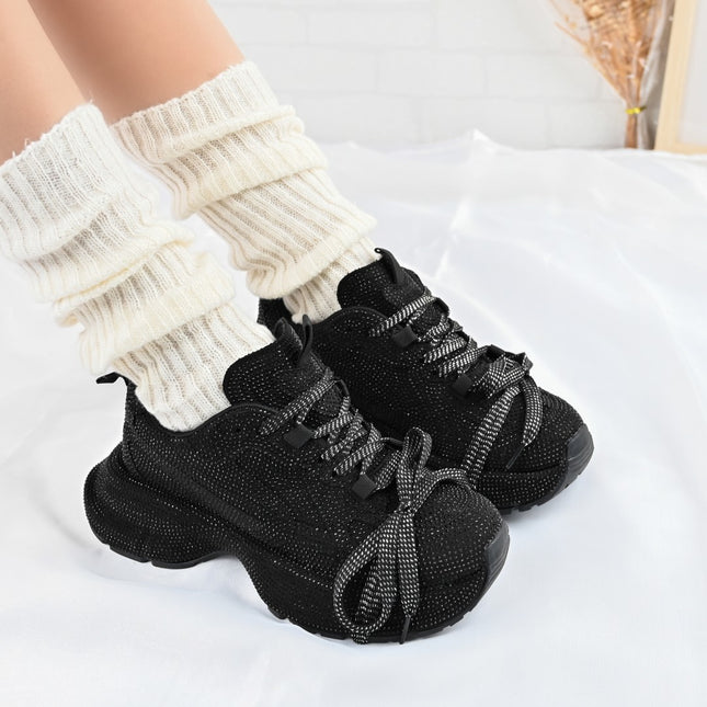 Pantofi Sport De dama,Din piele ecologica intoarsa,Cu Strasuri,D1397,Negru