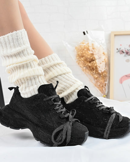 Дамски спортни обувки, изработени от еко-велур кожа, с кристали, D1397, черни